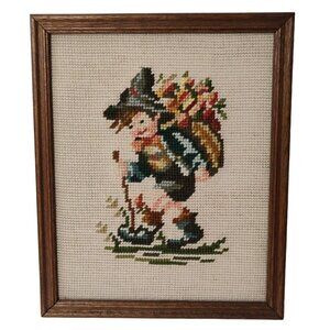 Vintage Needlepoint Needle Work Boy 8" x10" Framed Wall Art Nursery Hummel Style